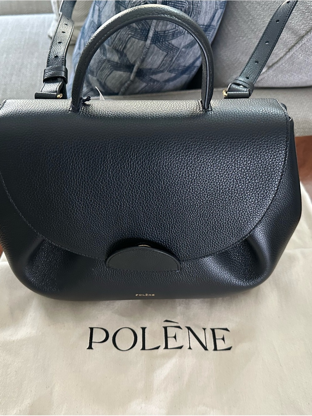 Polène Black Pebbled Leather Satchel with Top Handle